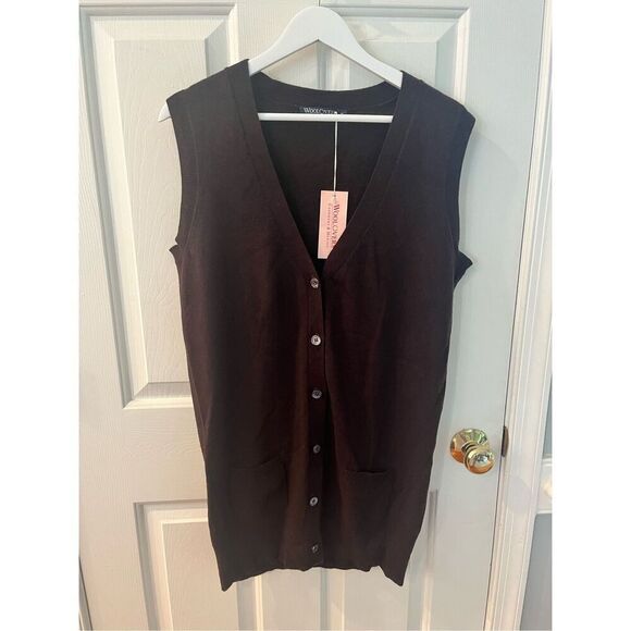WoolOvers Brown Wool & Cashmere Long Line V-Neck Cardigan Vest sz M NWT - Picture 1 of 7